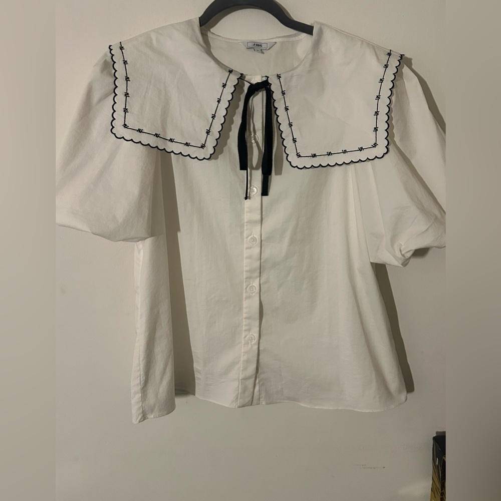 J.ING White Blouse with Black Embroidery